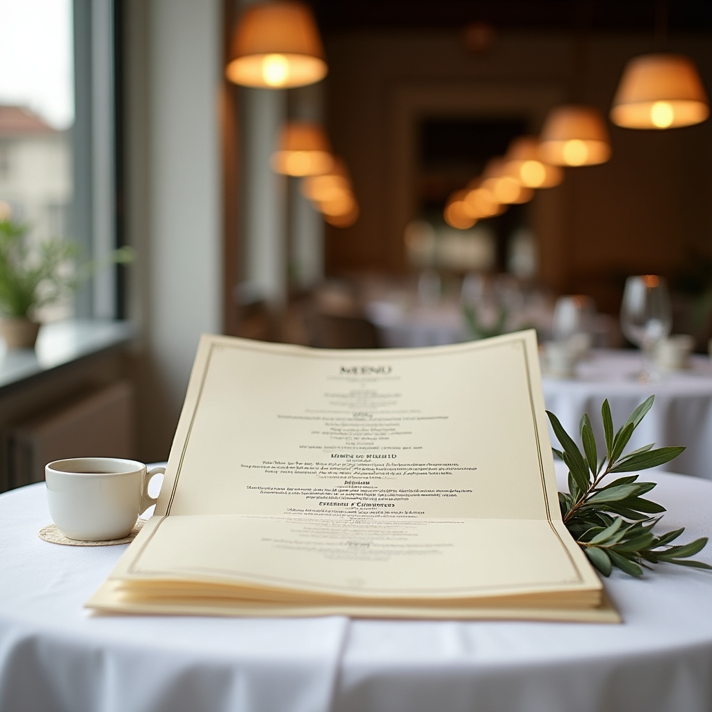Menù di ristorante aperto su tavolo elegante