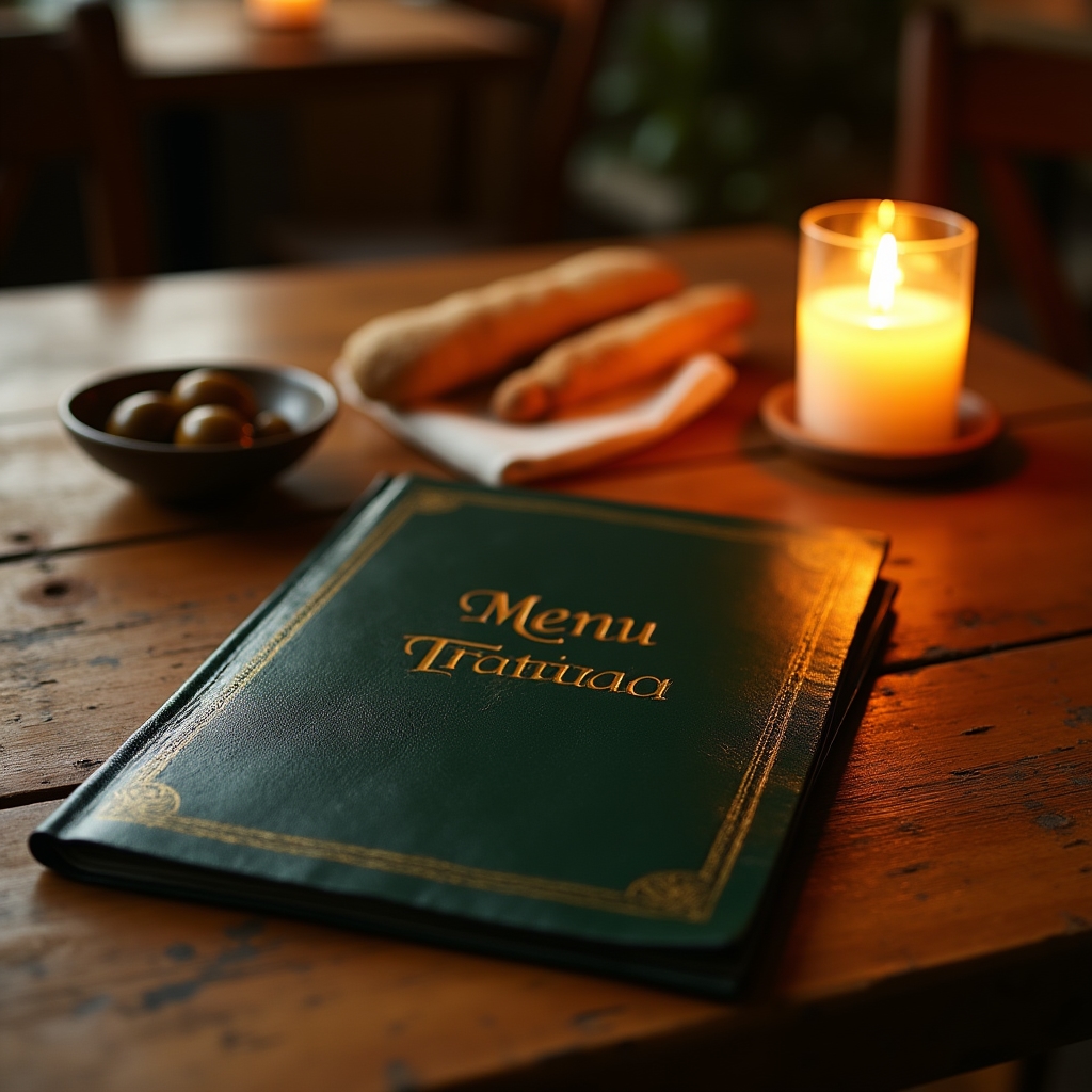 Menù di trattoria posato su tavolo rustico in legno